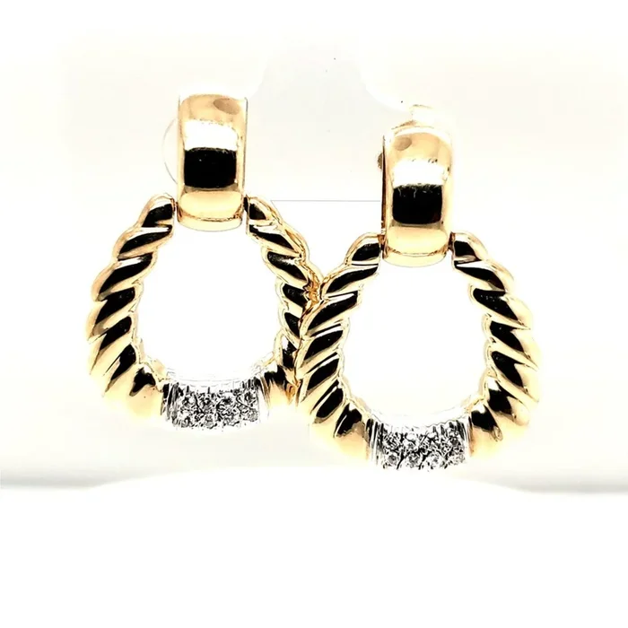 14Kt Yellow Gold And Diamond Ridged Door Knocker Earrings