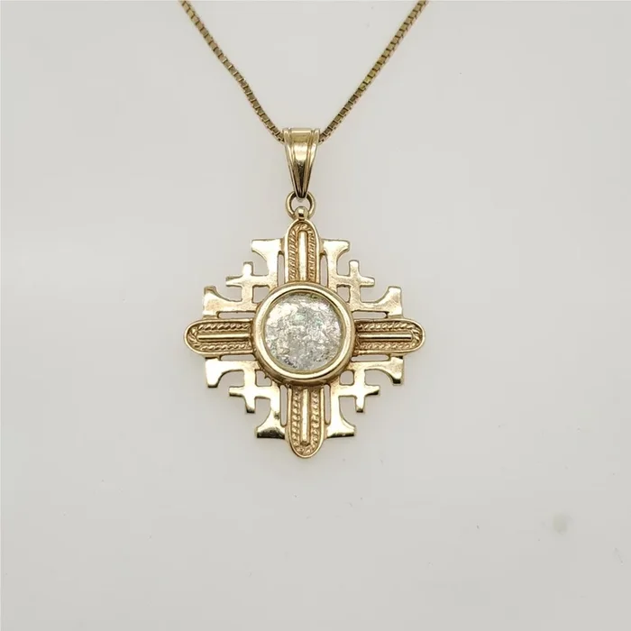 14kt yellow gold cross pendant inset with Jerusalem glass