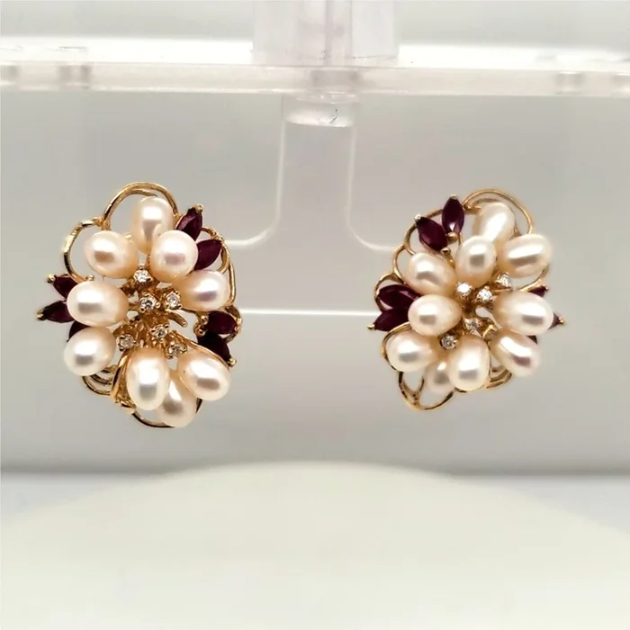 14kt Yellow Gold Pearl Diamond and Ruby Earrings