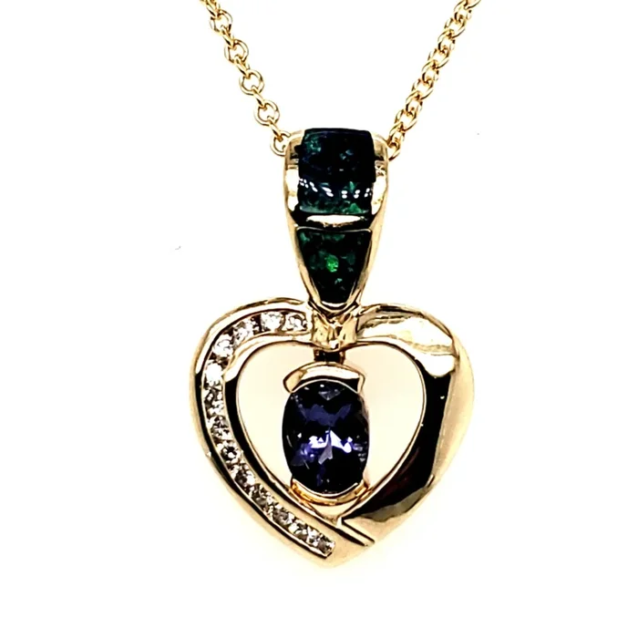 14kt Yellow Gold Tanzanite Opal and Diamond Heart Shaped Pendant