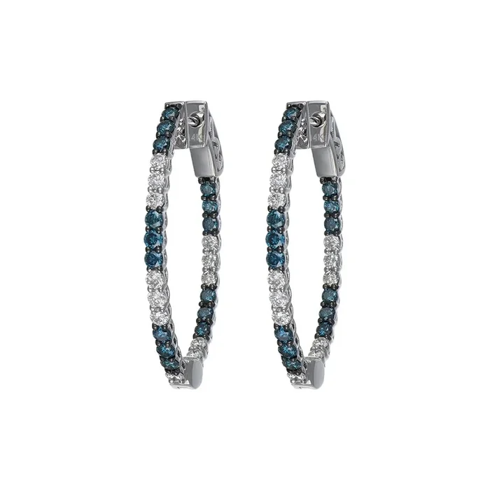 14KTW Inside Outside Hoop Blue and White Diamond Earrings