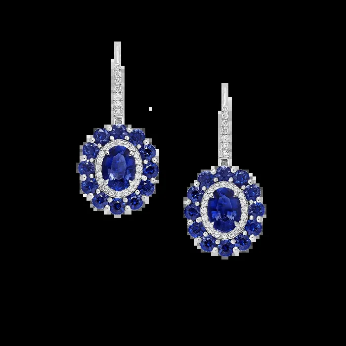 1735 Double Colour Cluster Sapphire Drop Earrings | In Platinum with Diamonds