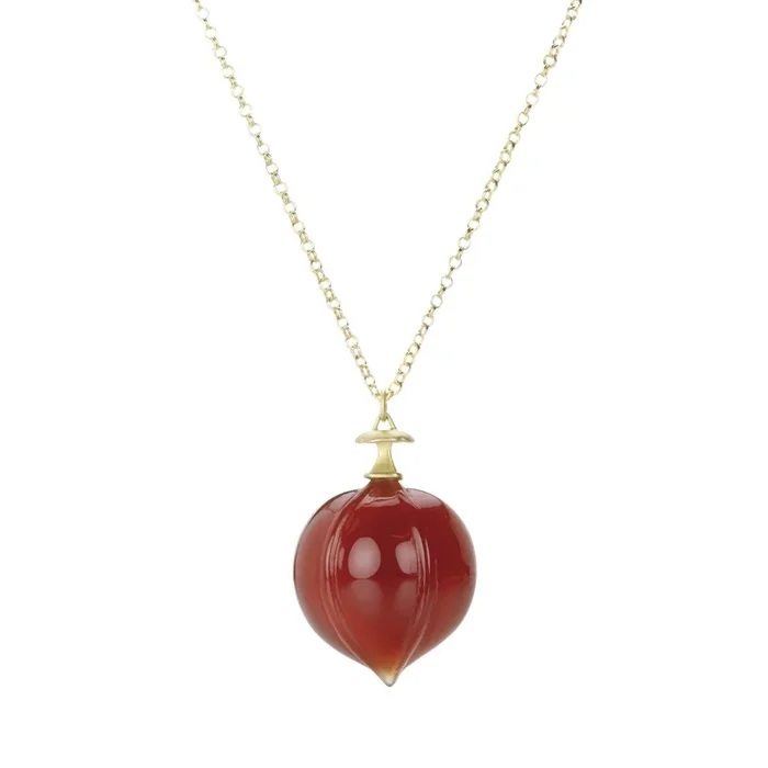18k Carved Carnelian Hickory Nut Pendant Necklace