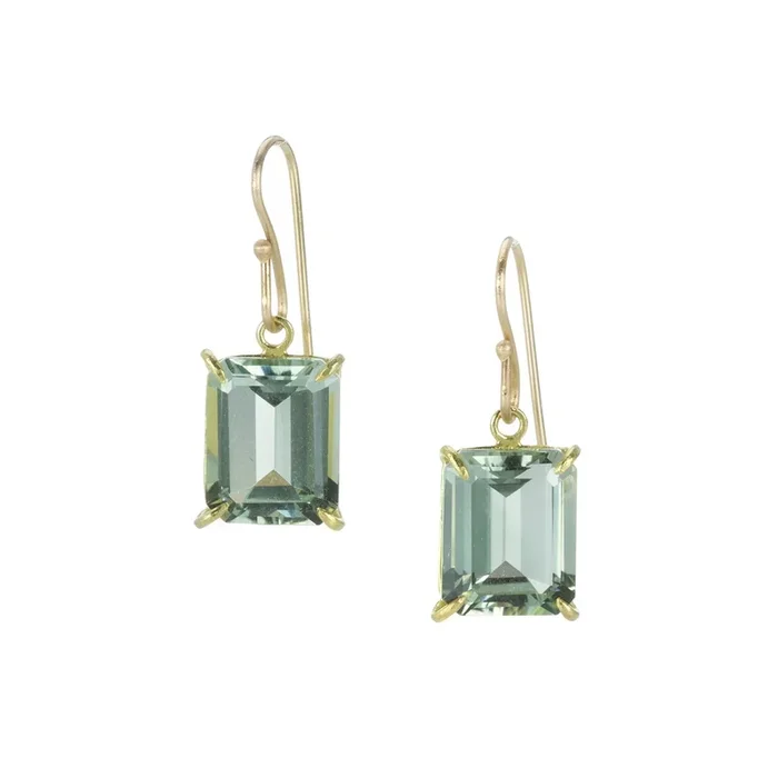 18k Emerald Cut Green Amethyst Earrings