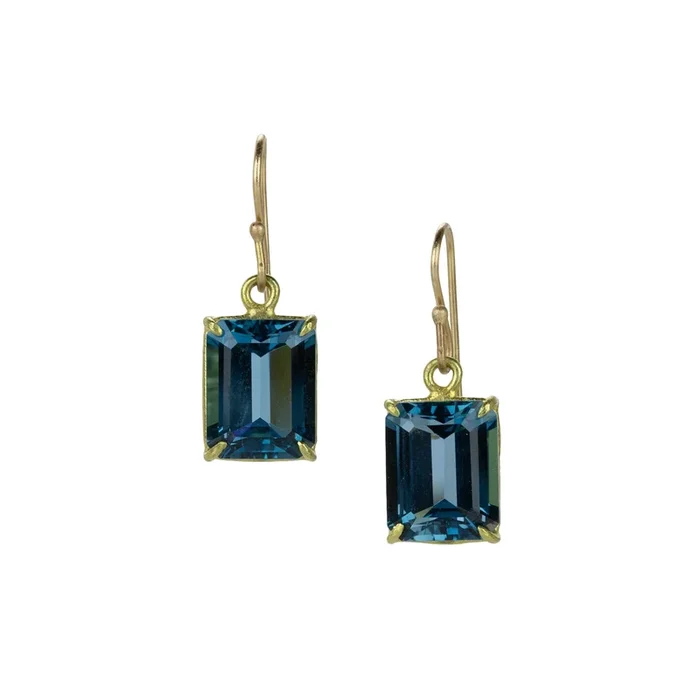 18k Emerald Cut London Blue Topaz Drop Earrings