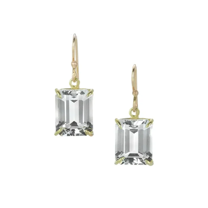 18k Emerald Cut White Topaz Drop Earrings