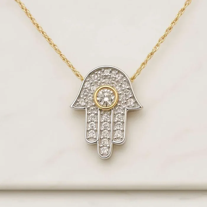 18K Gold Hamsa Necklace With Moissanite Round Diamonds