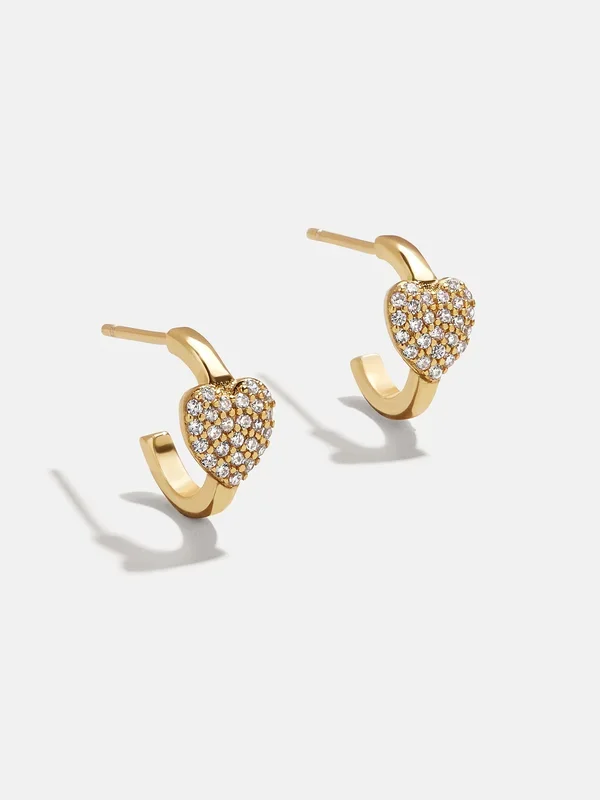 18K Gold Heart Delicate Hoop Earrings – Puffy Pavé Heart