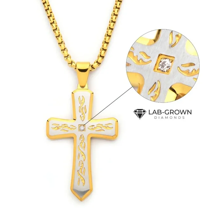 18K Gold IP Chiseled Tribal Cross Necklace