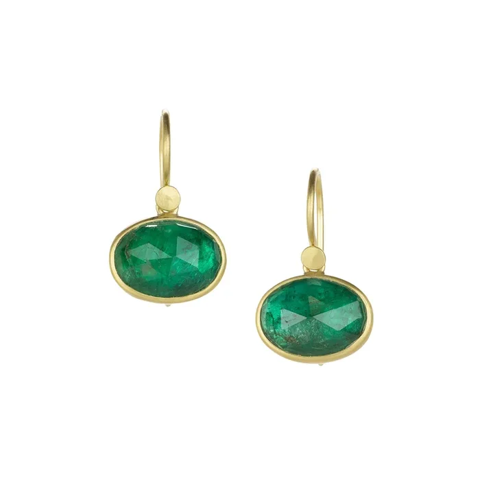18k Horizontal Oval Emerald Drop Earrings