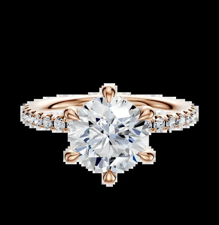 18K Rose Gold 6 Prong Hidden Halo Classic Dome 1-Row-Pave 2.5mm Engagement Ring