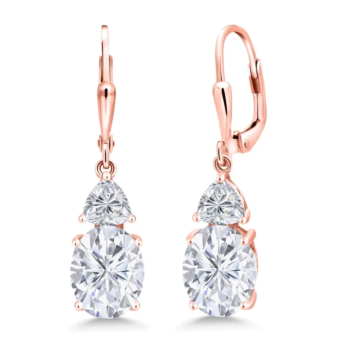 18K Rose Gold Plated Gemstone Birthstone and White Lab Grown Diamond Leverback Dangle Earrings For Women | Oval 10X8MM | Trillion 5MM | Elegant Drop Design | Gift for Her Wife Mom