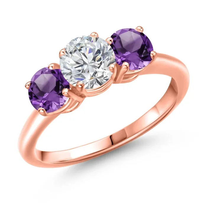 18K Rose Gold Plated Silver 3-Stone Engagement Ring for Women | 6MM Round White Lab Grown Diamond with 5MM Round Gemstone Birthstone | Wedding Anniversary Promise Ring | Sizes 5-9