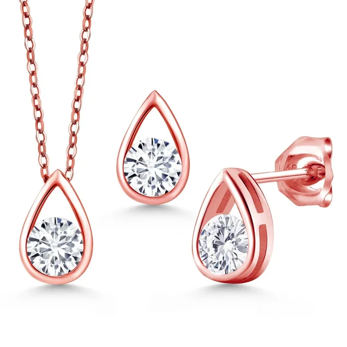 18K Rose Gold Plated Silver 5MM Round Gemstone Birthstone Teardrop Pendant Earrings Set | Jewelry Set for Women | With 18 Inch Chain