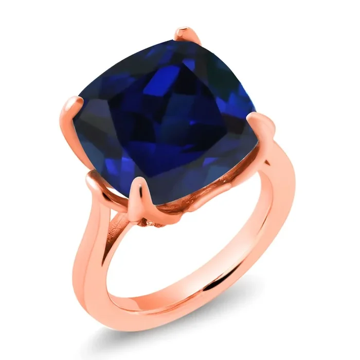 18K Rose Gold Plated Silver Blue Created Sapphire and White Created Sapphire Engagement Ring For Women (14.12 Cttw, 14MM Cushion, Available in Size 5,6,7,8,9)