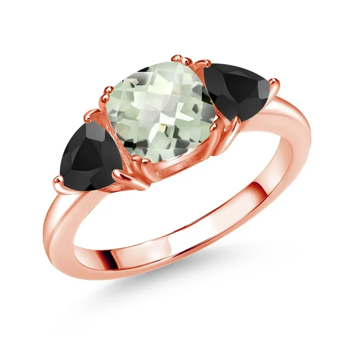 18K Rose Gold Plated Silver Gemstone Birthstone and Black Onyx 3-Stone Engagement Ring for Women | 7MM Cushion and 5MM Trillion | Three Stone Promise Anniversary Wedding Ring | Sizes 5-9