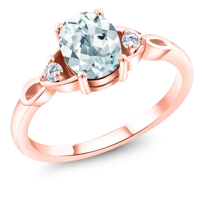 18K Rose Gold Plated Silver Gemstone Birthstone and Lab Grown Diamond 3-Stone Ring for Women | Oval 8X6MM with 2MM Round Accents | Three Stone Wedding Anniversary Engagement Promise Ring | Sizes 5-9