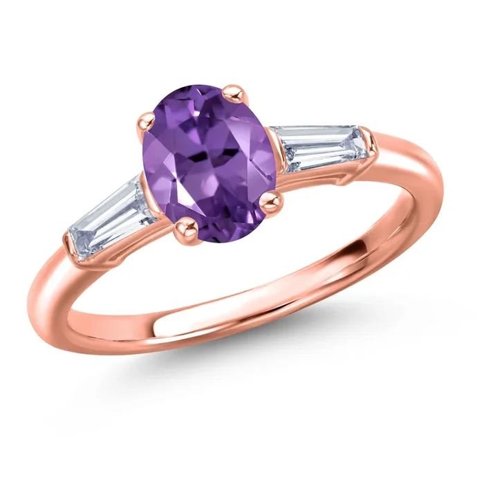 18K Rose Gold Plated Silver Gemstone Birthstone and Lab Grown Diamond Engagement Ring For Women | Oval 8X6MM and Tapered Baguette 5X2.25MM | Wedding Anniversary Promise Ring | Sizes 5,6,7,8,9