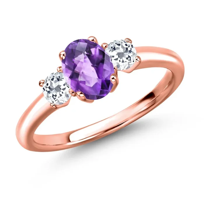 18K Rose Gold Plated Silver Gemstone Birthstone and White Topaz 3-Stone Engagement Ring for Women | Oval 7X5MM and Round 3MM | Wedding Anniversary Promise Ring | Sizes 5, 6, 7, 8, 9