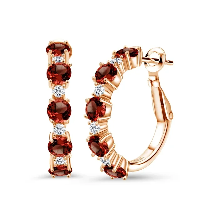 18K Rose Gold Plated Silver Gemstone Birthstone and White Topaz Hoop Earrings for Women | Round Cut 4MM and 1.9MM Stones | 1 Inch Diameter Hoops | Fine Jewelry for Her Mom Wife Women