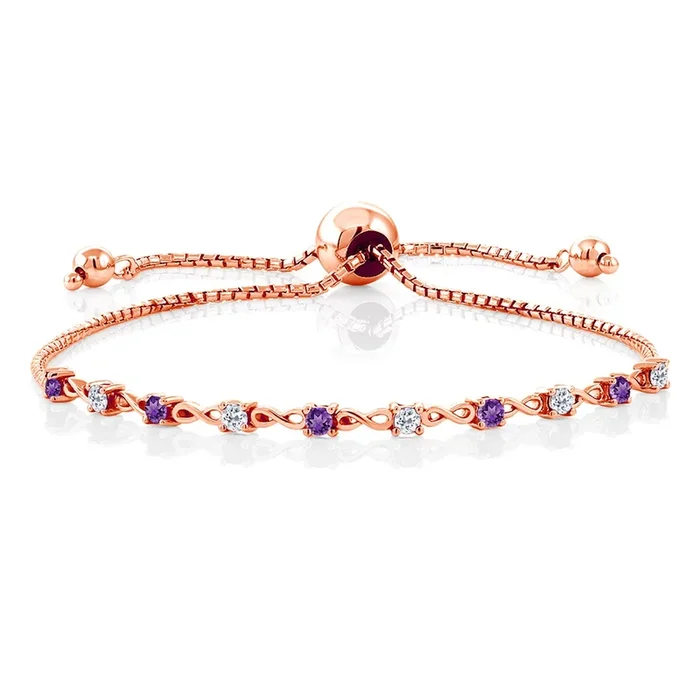 18K Rose Gold Plated Silver Gemstone Birthstone and White Topaz Infinity Tennis Bracelet For Women | Round 2.5MM | Adjustable Bolo Bracelet Up to 9 Inch | Easy-On Easy-Off