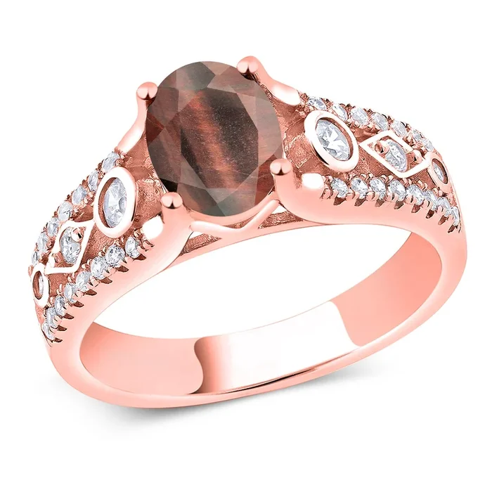 18K Rose Gold Plated Silver Gemstone Birthstone Ring for Women | Oval 8X6MM with Round Accents | Intricate Milgrain and Filigree Detail | Fine Jewelry for Engagement Wedding Anniversary | Sizes 5-9