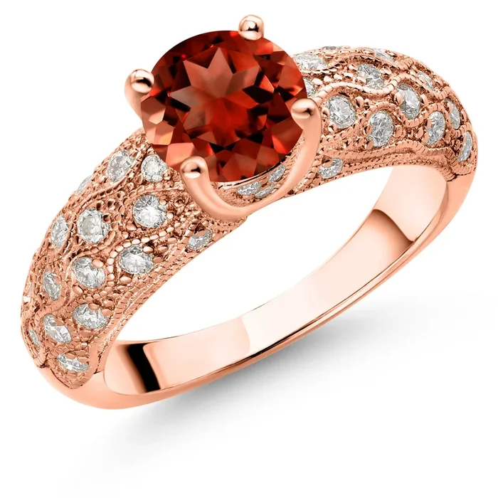 18K Rose Gold Plated Silver Red Garnet and White Moissanite Engagement Ring For Women (1.84 Cttw, Round 7MM, Gemstone January Birthstone)