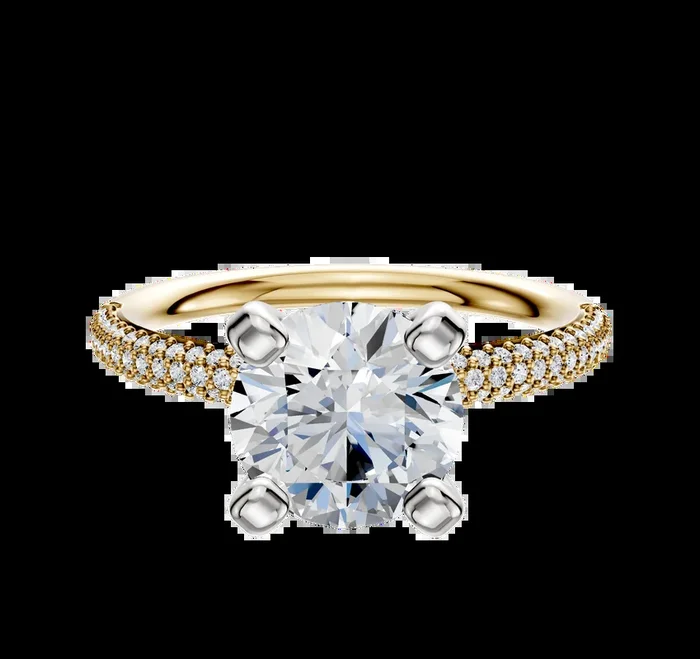 18K Two Tone 4 Prong Classic Dome 3-Row-Pave 2.0mm Engagement Ring