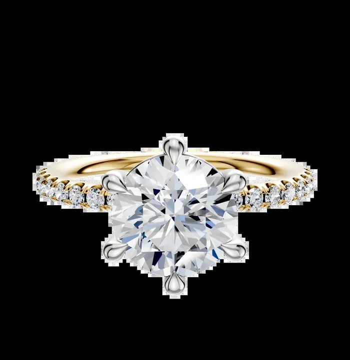 18K Two Tone 6 Prong Basket Classic Dome 1-Row-Pave 2.5mm Engagement Ring