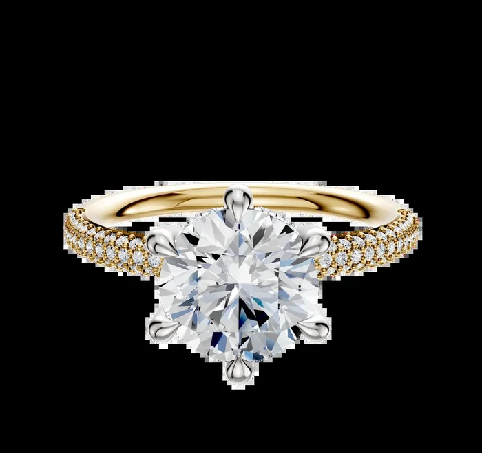 18K Two Tone 6 Prong Hidden Halo Classic Dome 3-Row-Pave 2.0mm Engagement Ring