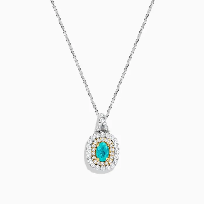 18K Two Tone Gold Paraiba and Diamond Double Halo Pendant