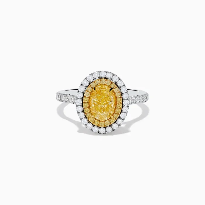 18K Two Tone Gold White and GIA Certified Yellow Diamond Double Halo Ring