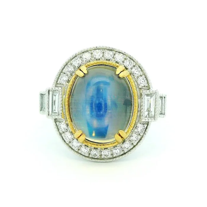 18K White And Yellow Gold Oval Moonstone Halo Ring