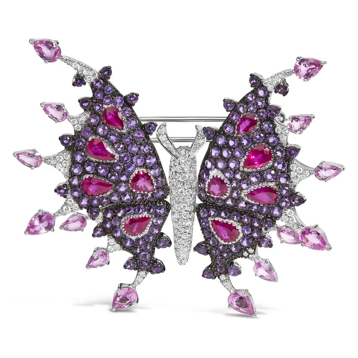 18K White Gold 1.00 Cttw Diamond, Ruby Sapphire, and Amethyst Mixed Gemstone Butterfly Brooch Pin (G-H Color, VS1-VS2 Clarity)