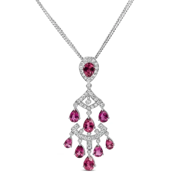 18K White Gold 1 1/10 Cttw Diamond and Pink Tourmaline Double-Strand Art Deco Inspired Chandelier 18″ Pendant Necklace (F-G Color, VVS2-VS1 Clarity)