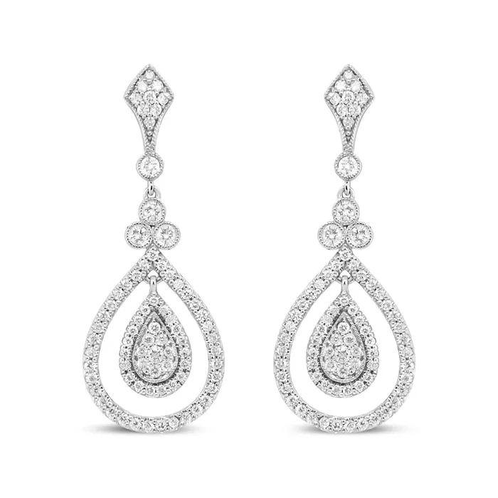 18K White Gold 1 1/4 Cttw Round Diamond Openwork Teardrop-Shaped Dangle Earrings (F-G Color, VS1-VS2 Clarity)