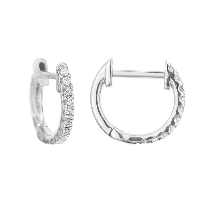 18K White Gold 10Mm Round Huggie Natural Diamonds Hoop Earrings