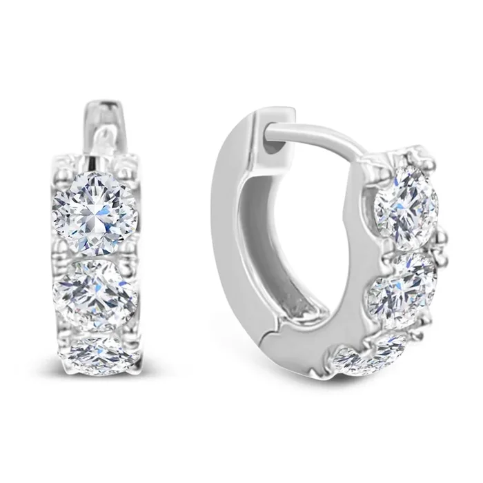 18K White Gold 12Mm Round Huggie Natural Diamonds Hoop Earrings