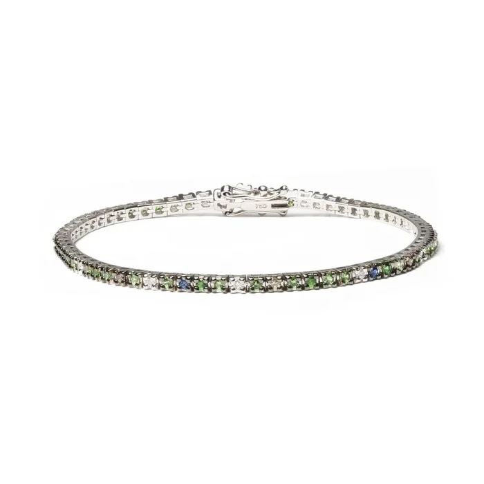 18K White Gold 3/8 Cttw Diamond with Blue Sapphire and Green Tsavorite Gemstone Multi-Colored Tennis Bracelet (Brown and G-H Color, SI1-SI2 Clarity) – Size 7″