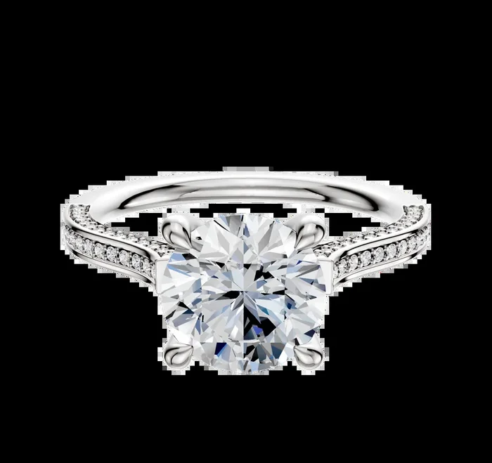 18K White Gold 4 Prong Hidden Halo Cathedral Flat 3-Row-Pave 2.0mm Engagement Ring