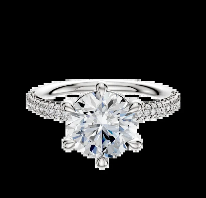 18K White Gold 6 Prong Basket Classic Dome 3-Row-Pave 2.0mm Engagement Ring