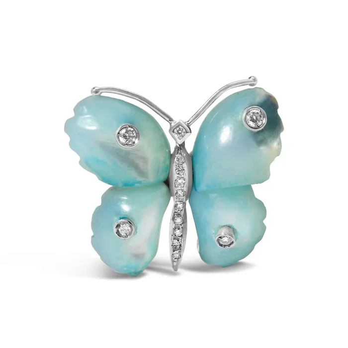 18K White Gold Blue Mother of Pearl and Diamond Accent Butterfly Pin Brooch (F-G Color, VS1-VS2 Clarity)