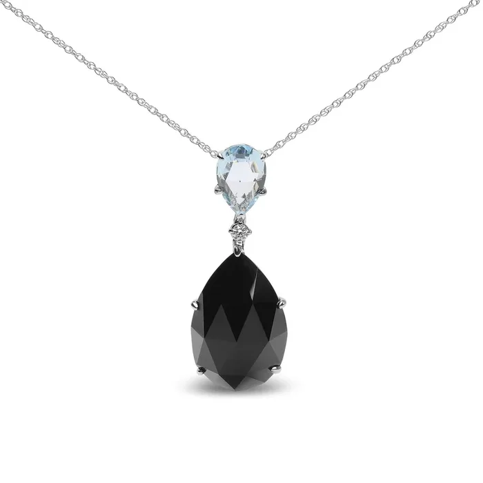 18K White Gold Diamond Accent and Pear Cut Sky Blue Topaz and Pear Cut Black Onyx Dangle Drop 18″ Pendant Necklace (G-H Color, SI1-SI2 Clarity)