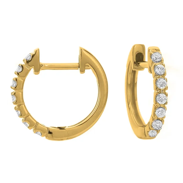 18K Yellow Gold 15mm Round Huggie Natural Diamonds Hoop Earrings