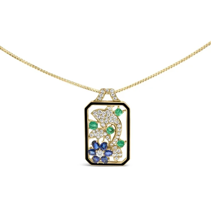 18K Yellow Gold 2 1/3 Cttw Diamond, Sapphire, and Emerald Dog Tag with Dolphin Silhouette Convertible 18″ Pendant Necklace and Brooch (G-H Color, SI1-SI2 Clarity)