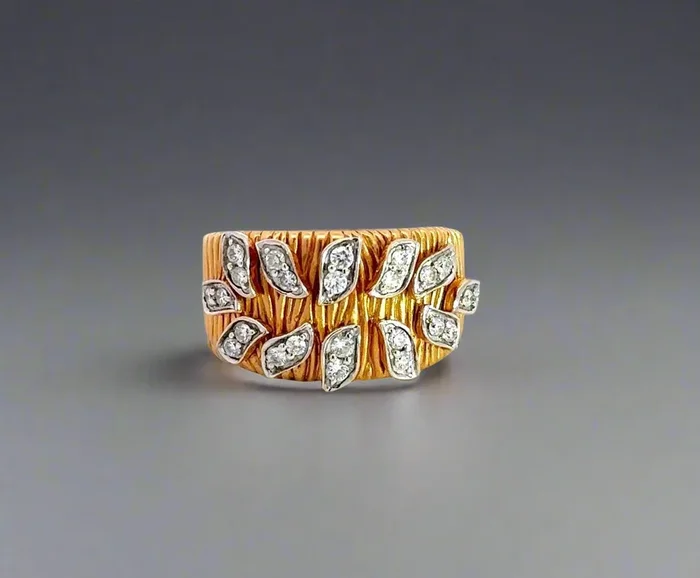 18K Yellow Gold .25TCW Diamond Leaf Textured Fashion Band Ring
