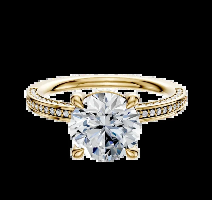 18K Yellow Gold 4 Prong Basket Classic Flat 3-Row-Pave 2.0mm Engagement Ring