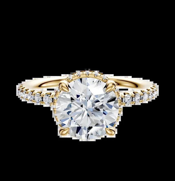 18K Yellow Gold 4 Prong Collar Classic Dome 1-Row-Pave 2.5mm Engagement Ring