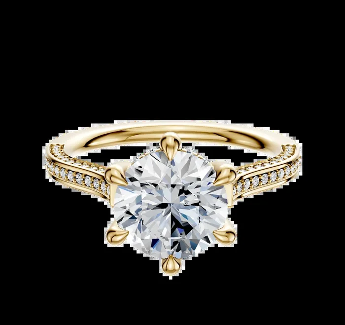 18K Yellow Gold 6 Prong Hidden Halo Cathedral Flat 3-Row-Pave 2.0mm Engagement Ring