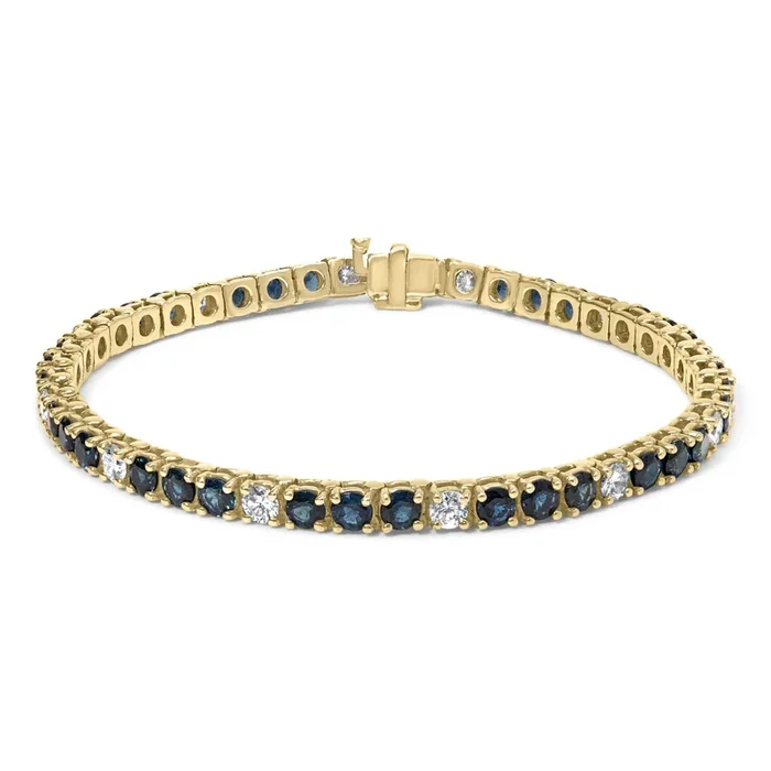 18K Yellow Gold Alternating 1 1/5 Cttw Diamond and 3X3 MM Blue Sapphire Tennis Bracelet (G-H Color, VS1-VS2 Clarity) – 7″ Inches